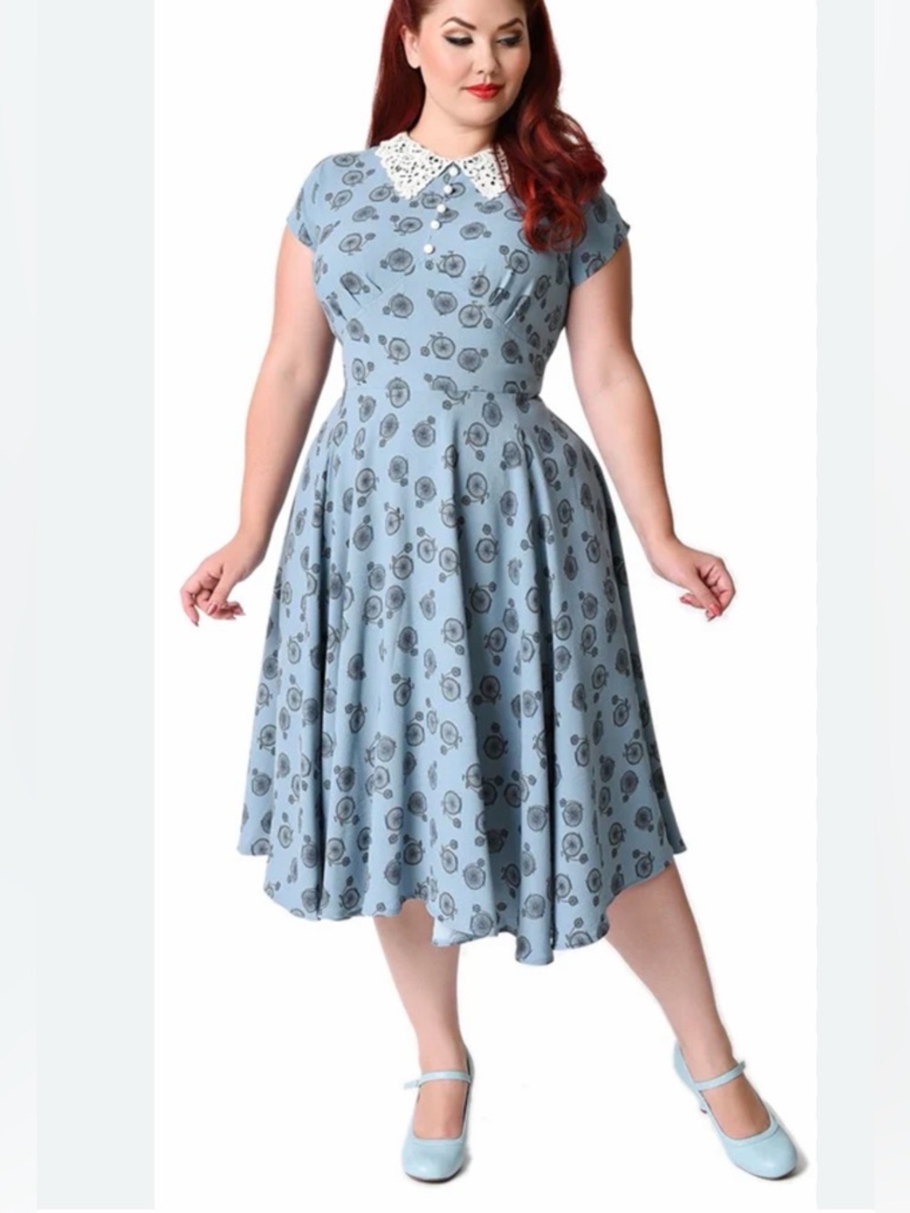 Hell Bunny Vixen 50's styled midi dress featuring a blue bicycle print
